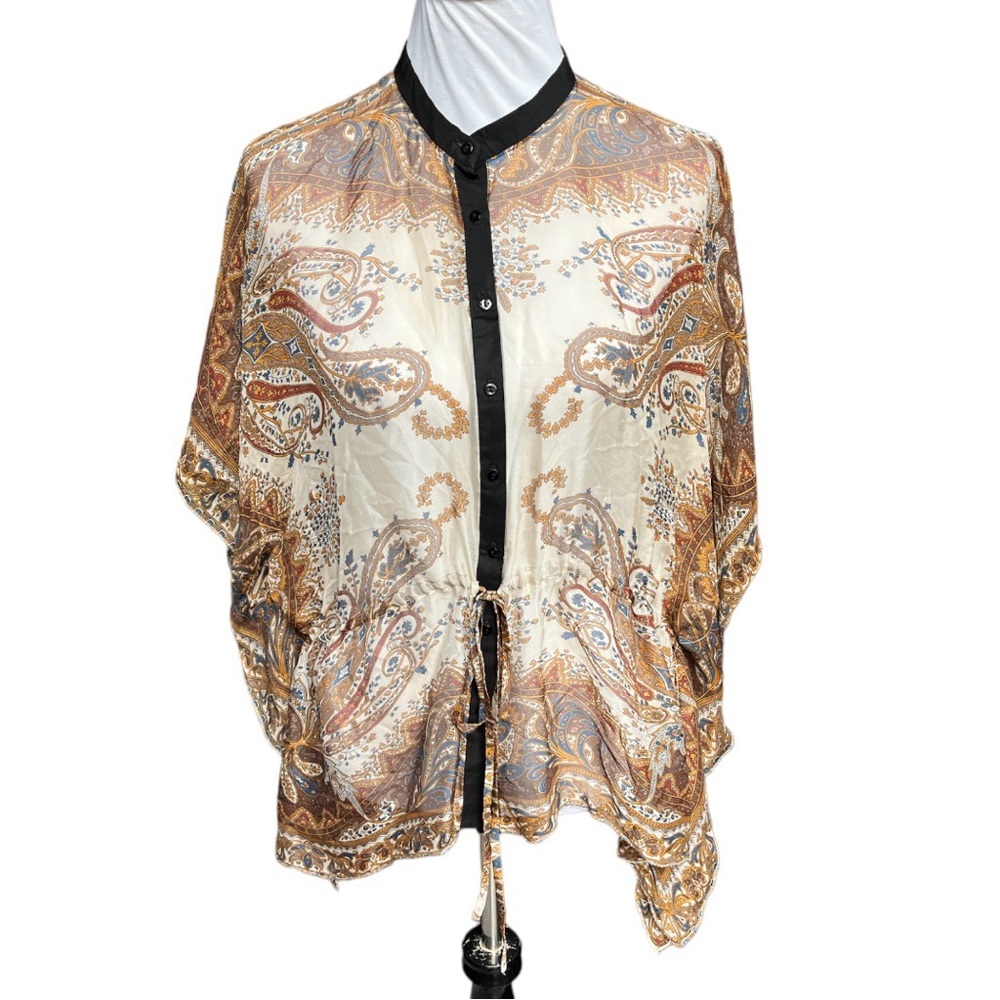 Zara Sheer Silk Button Down Scarf Blouse Cream Brown Size Medium